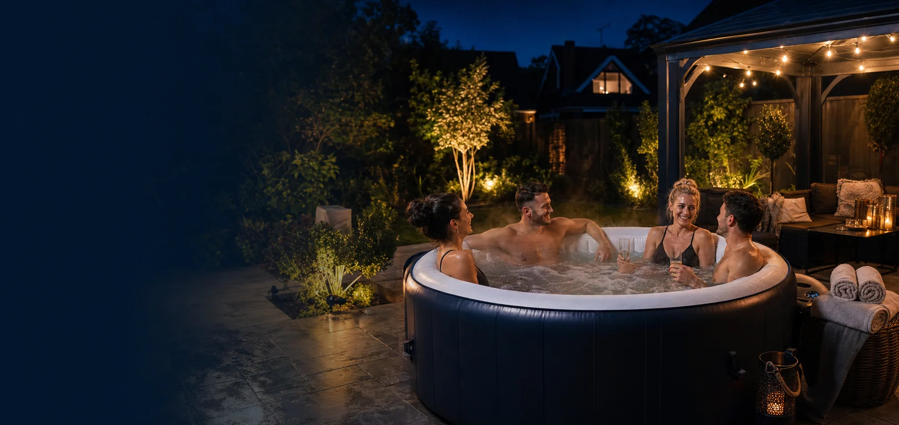 Friends enjoying an inflatable hot tub in a private garden at night
